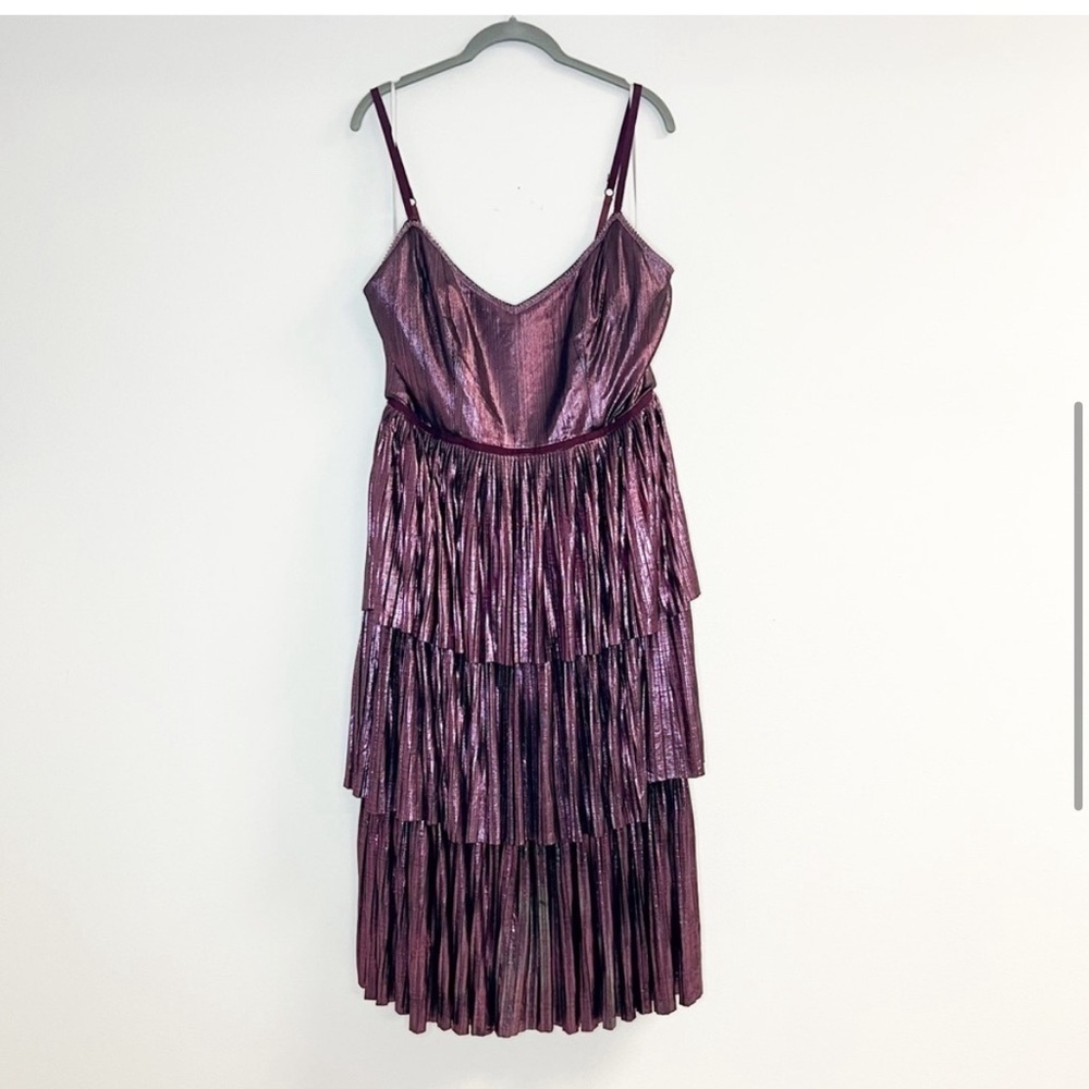 Marchesa Notte Pleated Tiered Metallic Midi Dress Plus Size 14
